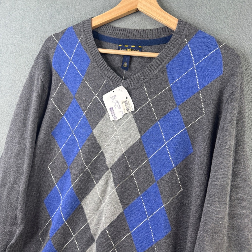 Club Room Mens XL Gray Blue Argyle V-Neck 100% Cotton Sweater NWT 70006